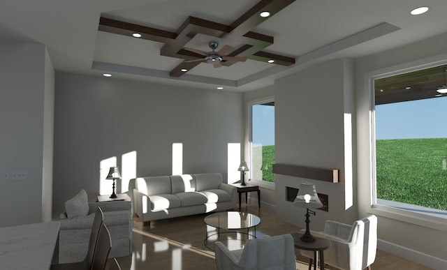 living room featuring beam ceiling, a wealth of natural light, coffered ceiling, and hardwood / wood-style flooring