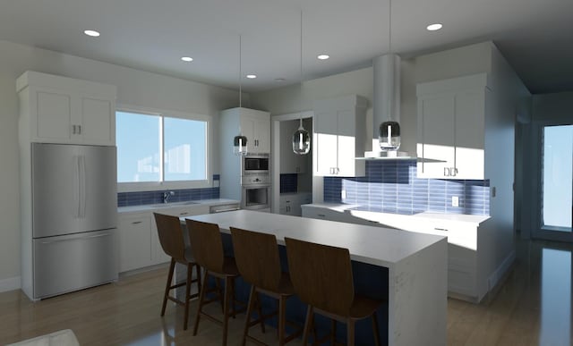 kitchen featuring appliances with stainless steel finishes, backsplash, white cabinetry, and exhaust hood