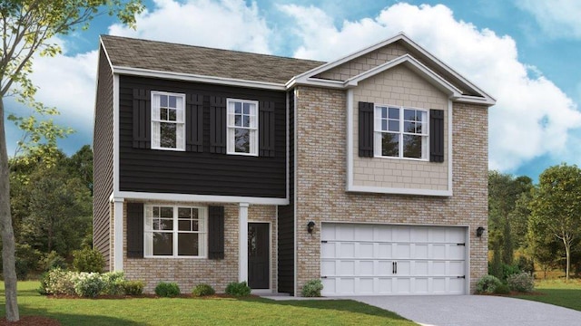 view of front of home with a garage and a front lawn