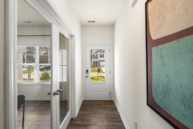 doorway featuring dark hardwood / wood-style flooring, a textured ceiling, and a healthy amount of sunlight