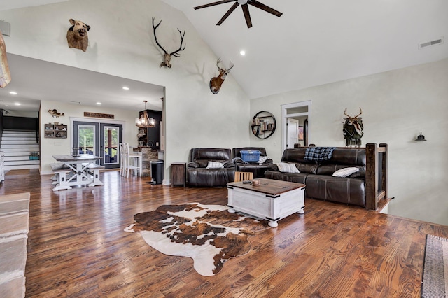1033 SE Carter Rd, Old Fort, TN 37362 - living room with high vaulted ceiling, visible vents, wood finished floors, a ceiling fan, and french doors