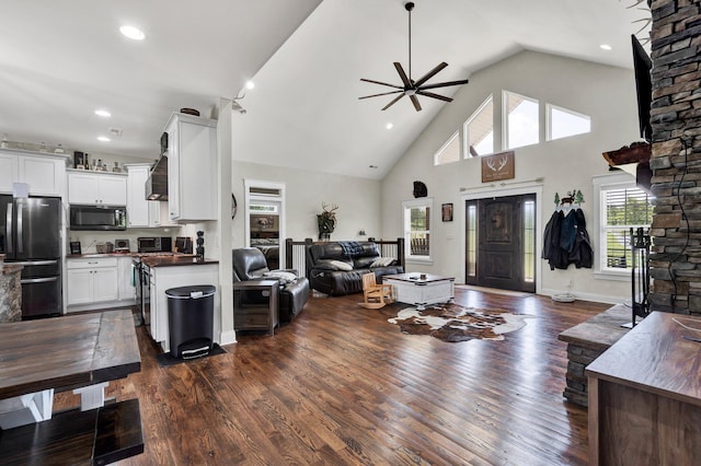 1033 SE Carter Rd, Old Fort, TN 37362 - living room featuring high vaulted ceiling, a toaster, baseboards, a ceiling fan, and dark wood-style floors