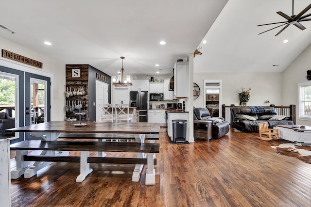 1033 SE Carter Rd, Old Fort, TN 37362 - dining area featuring french doors, dark wood finished floors, ceiling fan with notable chandelier, visible vents, and recessed lighting