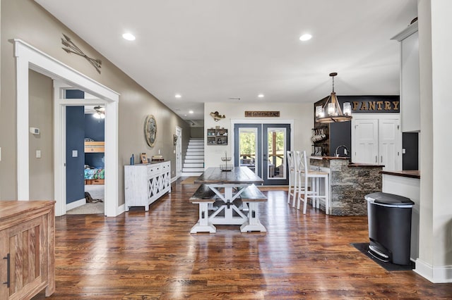 1033 SE Carter Rd, Old Fort, TN 37362 - interior space with stairs, recessed lighting, french doors, dark wood-type flooring, and baseboards