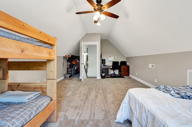 1033 SE Carter Rd, Old Fort, TN 37362 - bedroom featuring vaulted ceiling, carpet flooring, a ceiling fan, baseboards, and visible vents