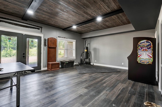 1033 SE Carter Rd, Old Fort, TN 37362 - workout area with baseboards, french doors, wooden ceiling, and dark wood finished floors