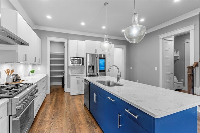 kitchen featuring appliances with stainless steel finishes, a kitchen island with sink, sink, blue cabinetry, and white cabinets