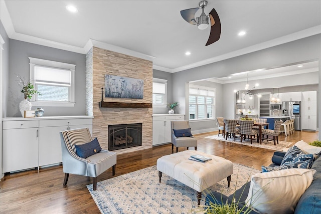 living room with crown molding, a fireplace, light hardwood / wood-style floors, and ceiling fan with notable chandelier