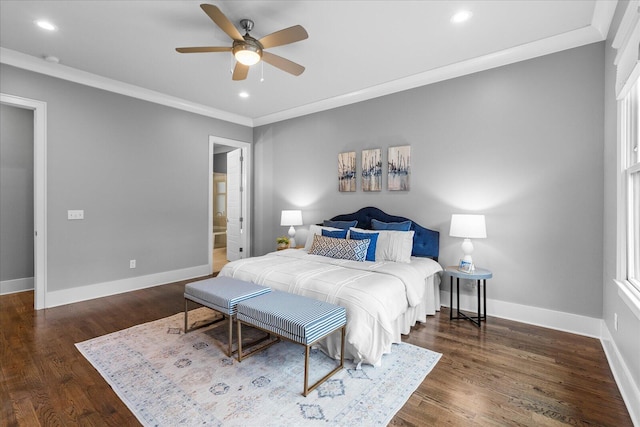 bedroom with multiple windows, dark hardwood / wood-style flooring, ceiling fan, and crown molding