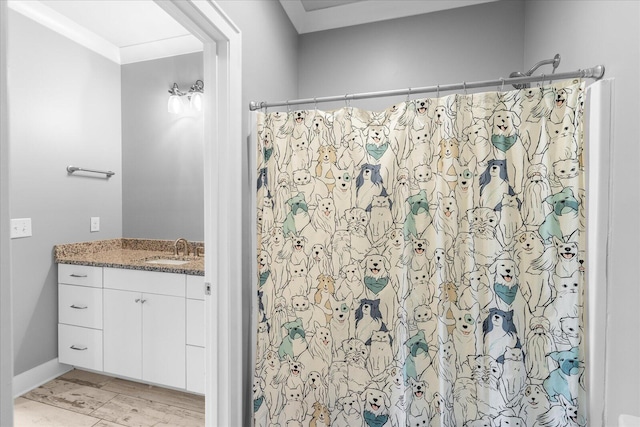 bathroom featuring vanity and curtained shower