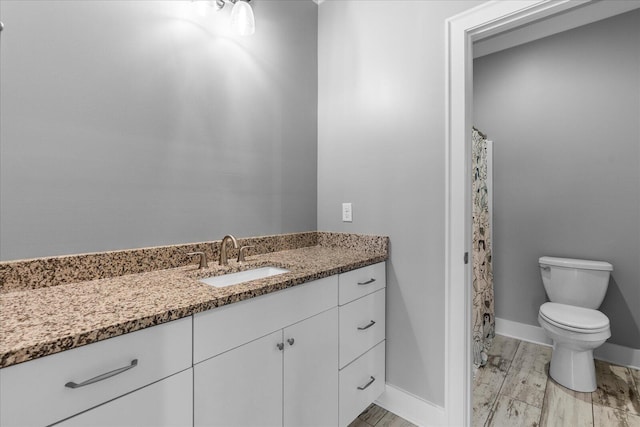 bathroom featuring wood-type flooring, vanity, toilet, and curtained shower