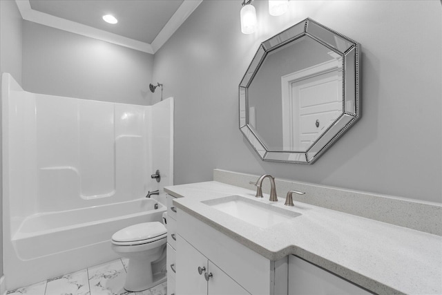 full bathroom featuring vanity, shower / bath combination, toilet, and ornamental molding