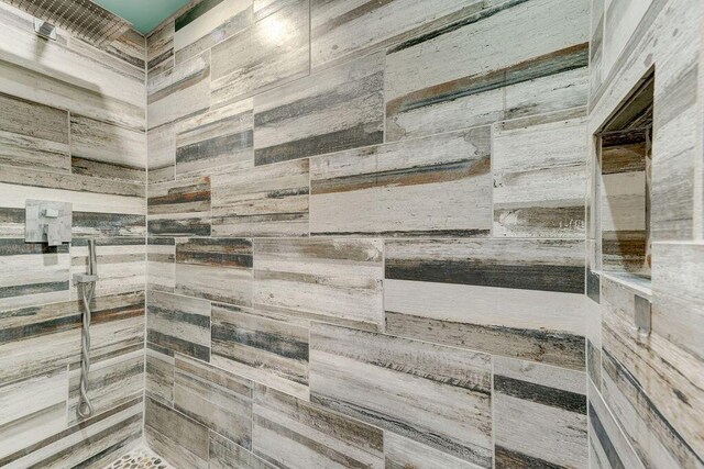 room details featuring walk in shower and wooden walls