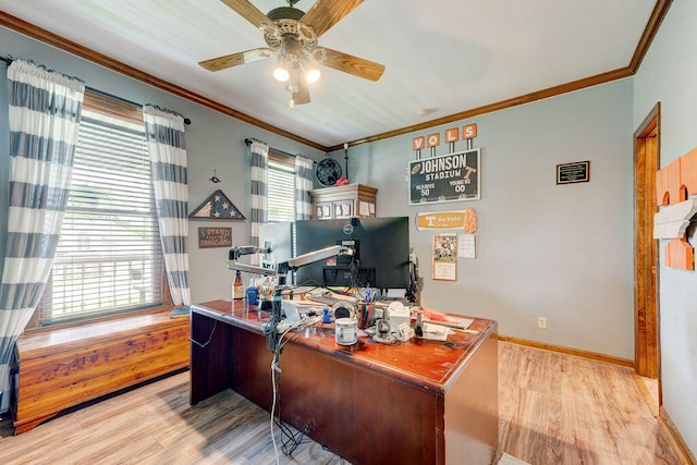 home office featuring light wood-type flooring, ceiling fan, and crown molding