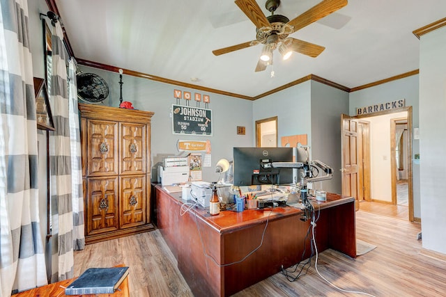 home office featuring light wood-type flooring, ceiling fan, and crown molding