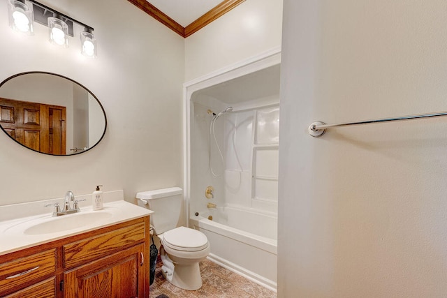 full bathroom with vanity, shower / bath combination, toilet, and crown molding