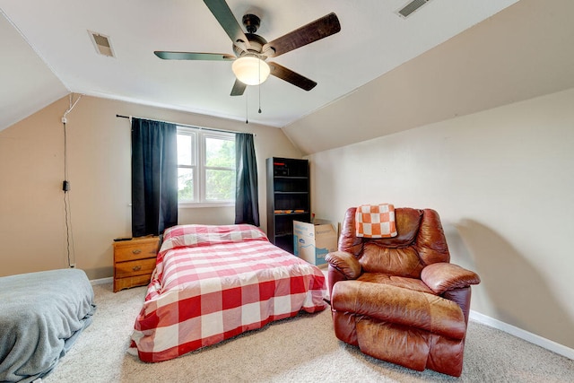 bedroom with carpet floors, vaulted ceiling, and ceiling fan