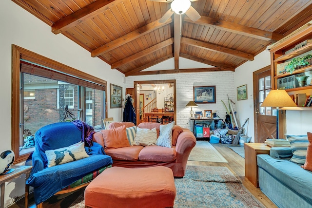 living room featuring lofted ceiling with beams, wood ceiling, brick wall, wood-type flooring, and ceiling fan