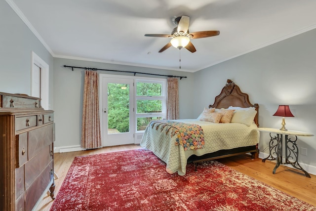 bedroom featuring ceiling fan, ornamental molding, access to exterior, and light hardwood / wood-style flooring