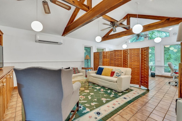 tiled living room with high vaulted ceiling, a wall mounted AC, ceiling fan, and beam ceiling