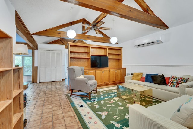 tiled living room featuring ceiling fan, vaulted ceiling with beams, and a wall mounted air conditioner