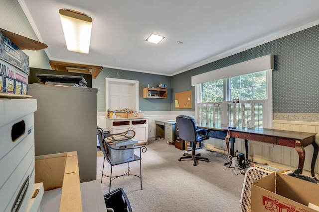 office space featuring ornamental molding and light carpet