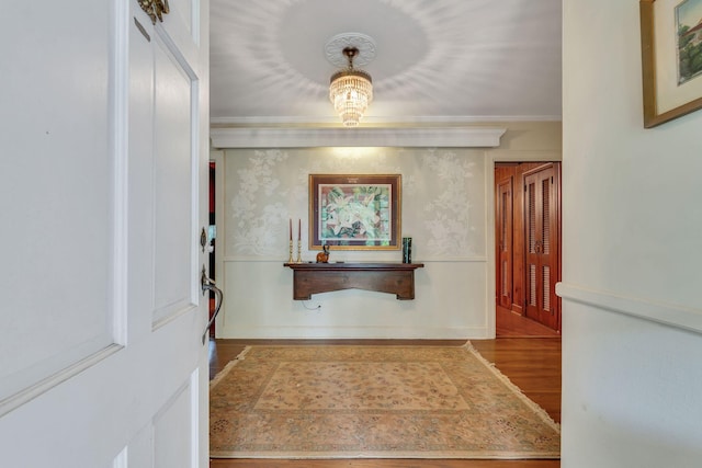 entryway featuring crown molding and hardwood / wood-style floors