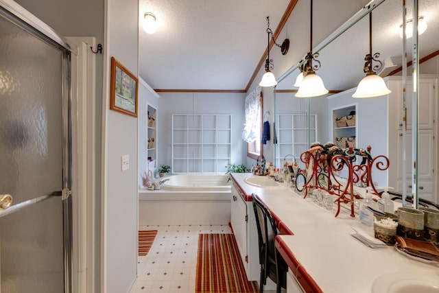 bathroom featuring shower with separate bathtub, vanity, and crown molding