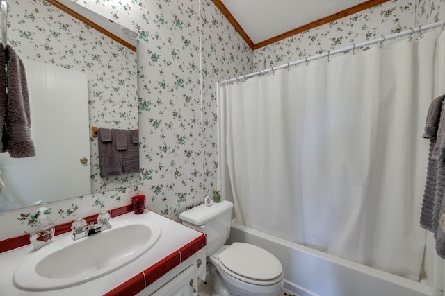 full bathroom featuring a textured ceiling, shower / tub combo, ornamental molding, toilet, and vanity