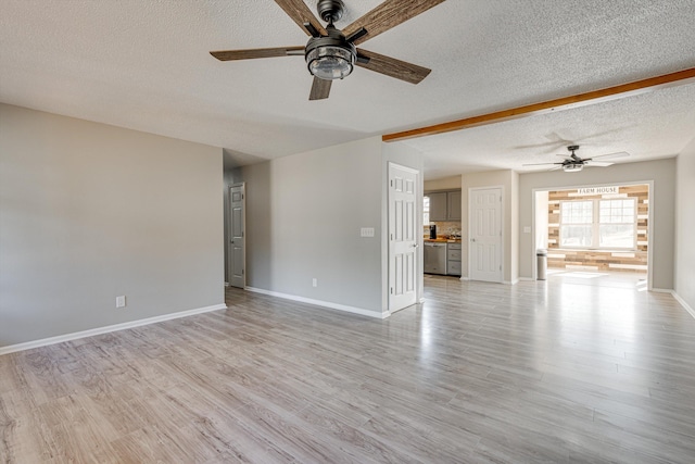 unfurnished living room with a textured ceiling, light hardwood / wood-style flooring, and ceiling fan