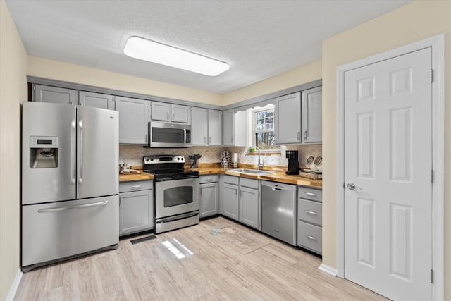 kitchen featuring stainless steel appliances, sink, gray cabinets, wooden counters, and light wood-type flooring