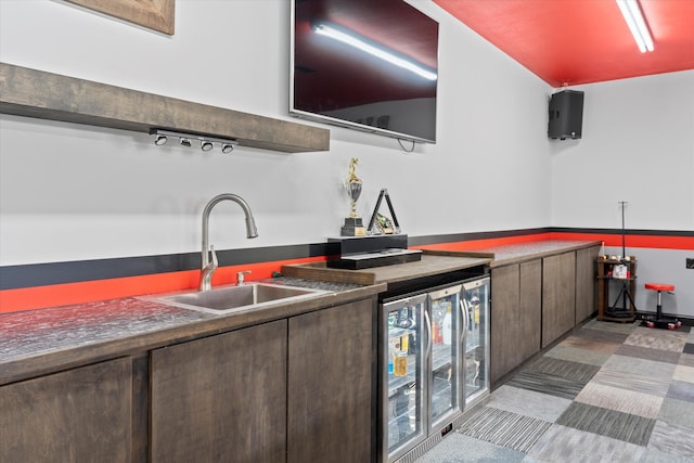 kitchen with sink, light colored carpet, and dark brown cabinetry