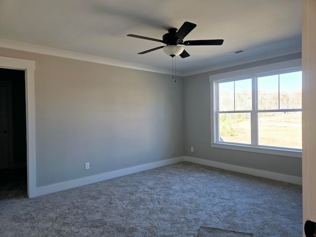 spare room with carpet floors, ceiling fan, and crown molding