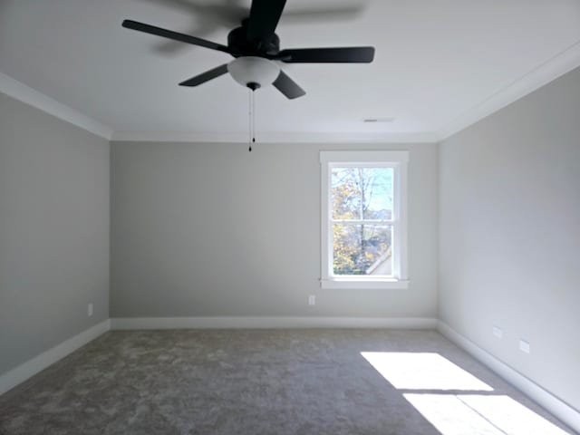 spare room with carpet, ceiling fan, and ornamental molding