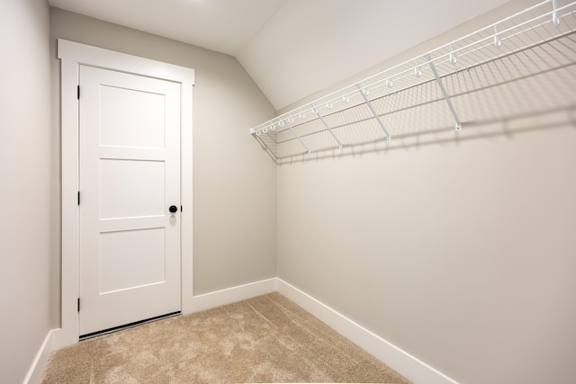 spacious closet featuring lofted ceiling and light carpet