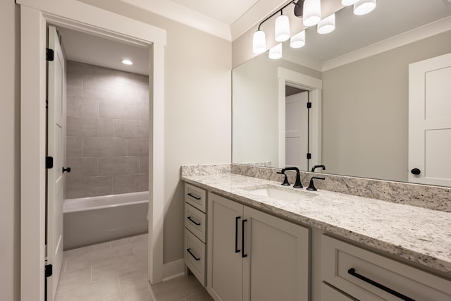 full bathroom with shower / bath combination, crown molding, vanity, and tile patterned flooring