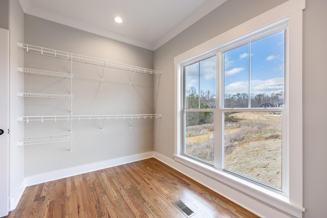 spacious closet featuring wood finished floors and visible vents