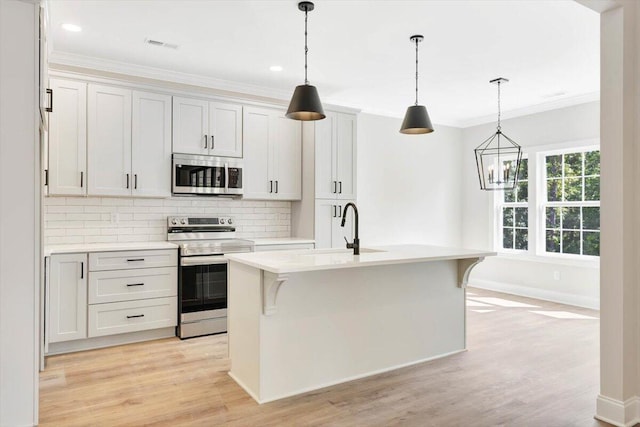 kitchen featuring light hardwood / wood-style flooring, stainless steel appliances, sink, and a kitchen island with sink