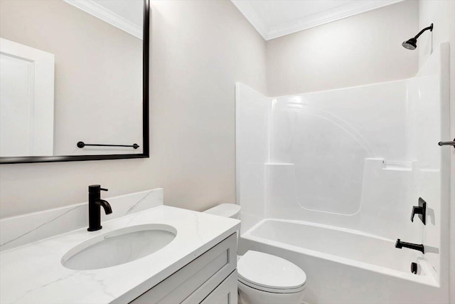 full bathroom with crown molding, vanity, toilet, and shower / tub combination