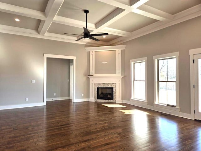 unfurnished living room featuring coffered ceiling, ceiling fan, dark hardwood / wood-style flooring, and beam ceiling