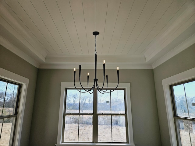 interior details with wooden ceiling, a raised ceiling, and a notable chandelier