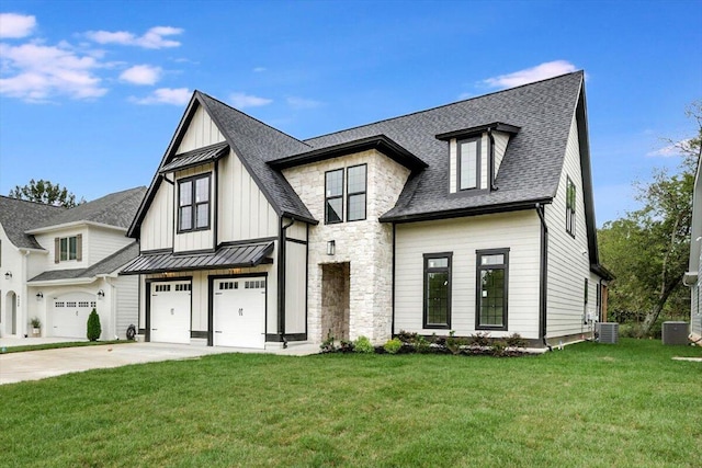 modern farmhouse with a garage, cooling unit, and a front lawn