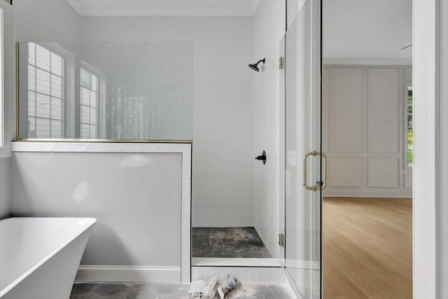 bathroom featuring hardwood / wood-style flooring and plus walk in shower