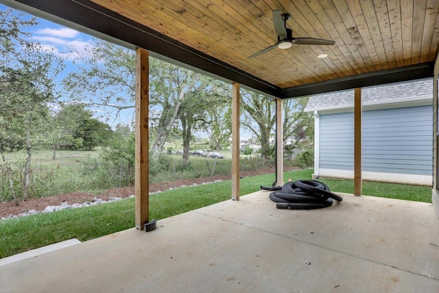 unfurnished sunroom featuring wooden ceiling and ceiling fan