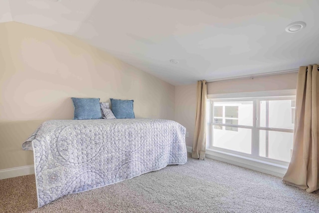 bedroom with lofted ceiling and carpet flooring