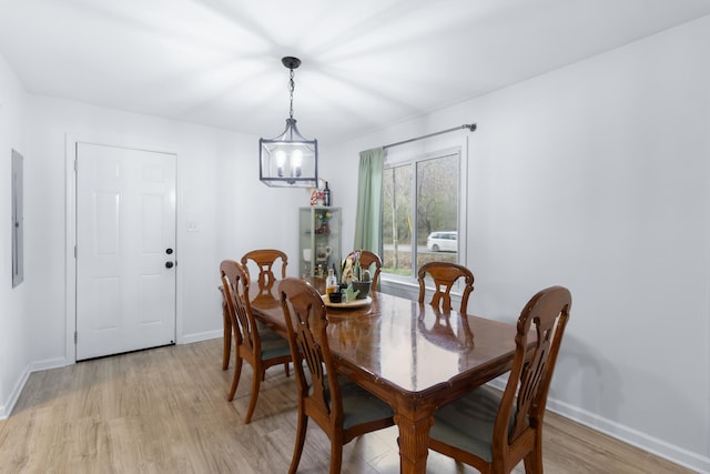 dining room featuring electric panel, light hardwood / wood-style flooring, and a notable chandelier