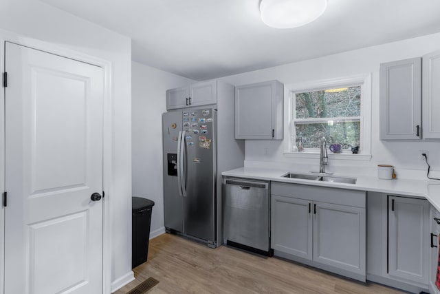 kitchen featuring gray cabinetry, sink, and appliances with stainless steel finishes