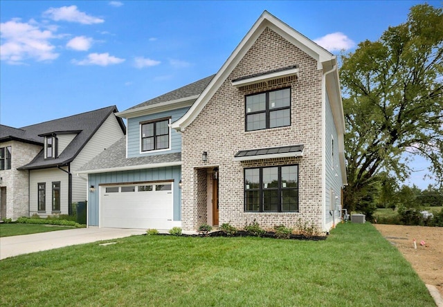 view of front of house featuring a garage, central AC, and a front yard