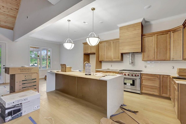 kitchen with an island with sink, decorative light fixtures, light hardwood / wood-style flooring, designer range, and vaulted ceiling