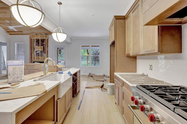 kitchen featuring light wood-type flooring, high end stainless steel range oven, sink, hanging light fixtures, and decorative backsplash